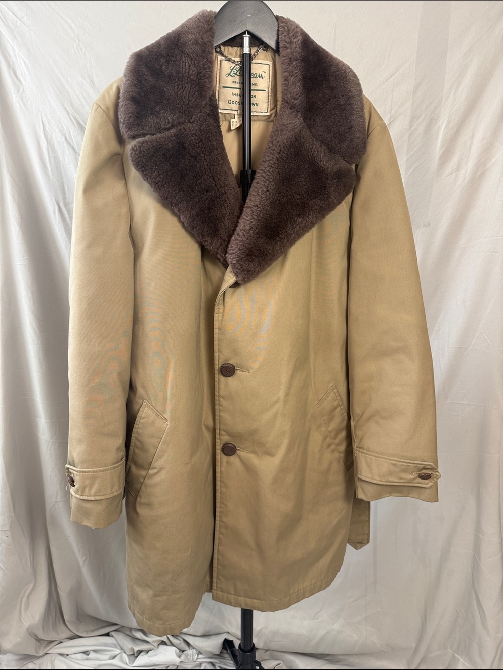 L.L. Bean Tan Coat with Dark Brown Plush Shearling Collar